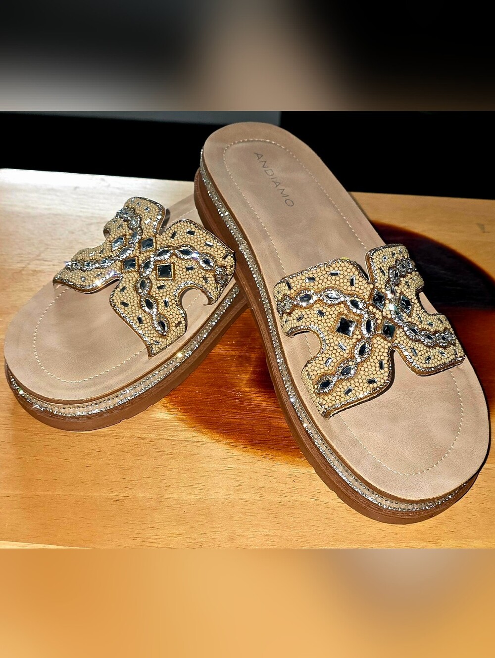 Andiamo Tan Jeweled Slide Mules